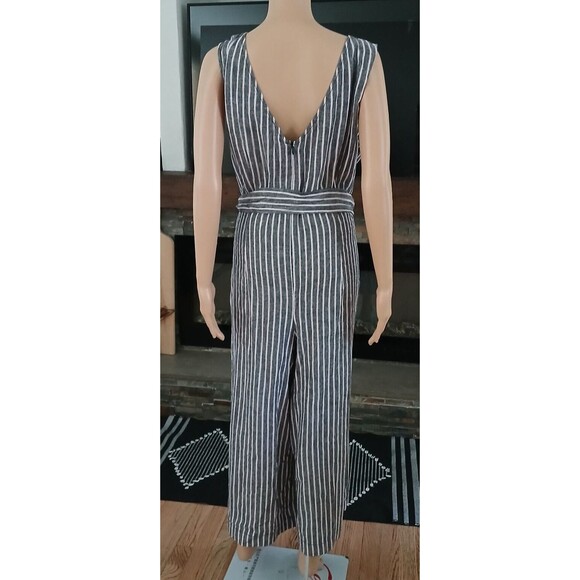 Wide Leg Linen Blend Jumpsuit Romper Sleeveless Pinstriped Pockets Wrap Belt XL - Picture 14 of 16